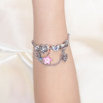 Blue Butterfly Glass Bead & Pink Flower Pendant Charm Bracelet(19cm)