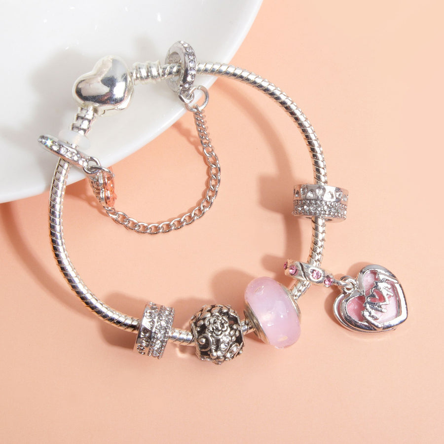 Heart Charm Beaded Bracelet with Crystals(17cm)