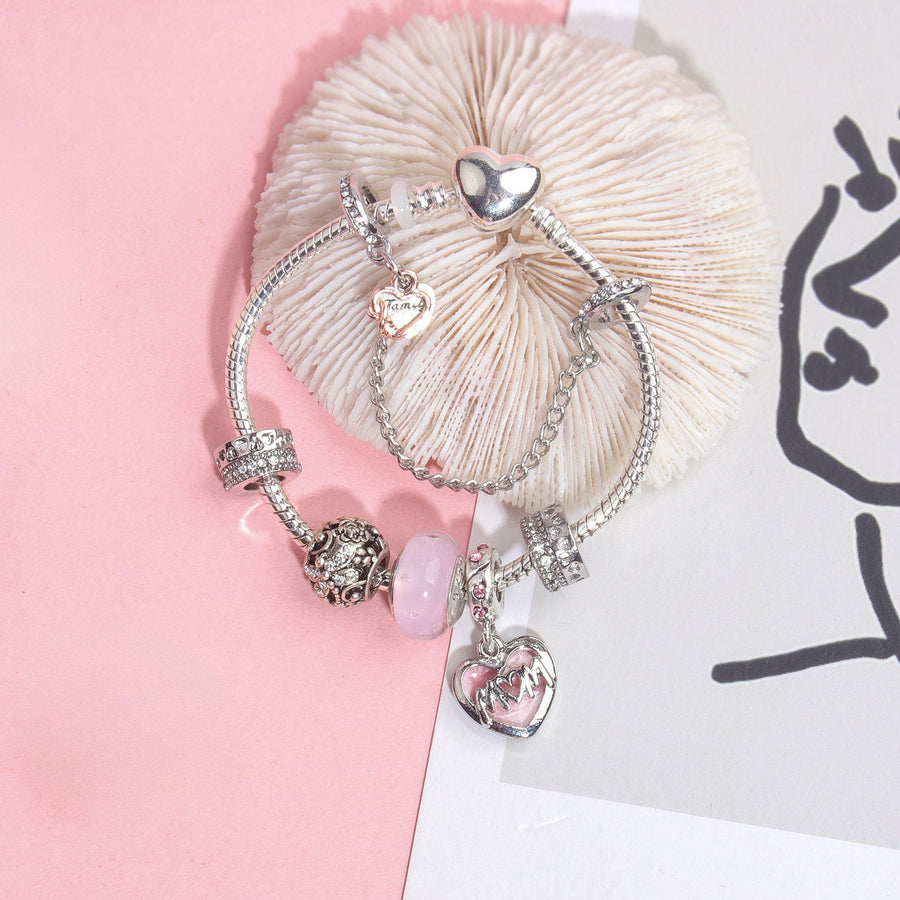 Heart Charm Beaded Bracelet with Crystals(19cm)