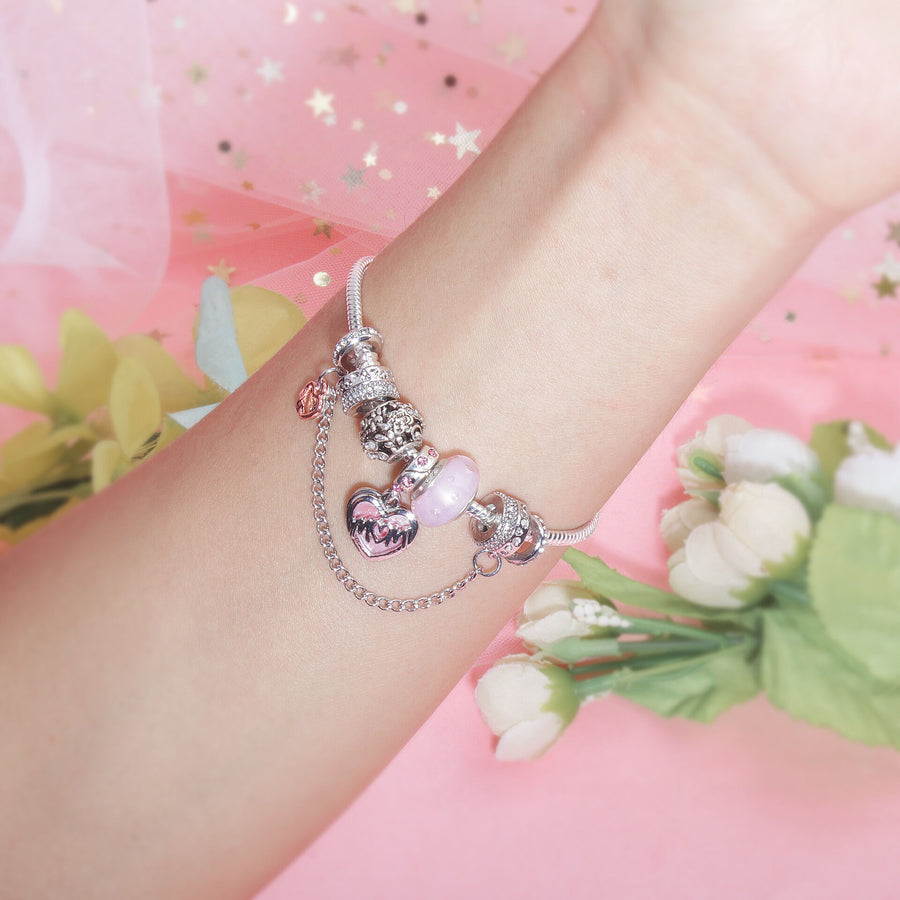 Heart Charm Beaded Bracelet with Crystals(19cm)