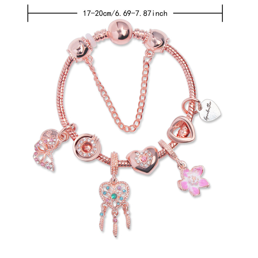 Rose Gold Bracelet with Dreamcatcher & Lily Pendant, Crystal Zircon Beads(18cm)