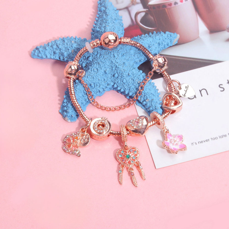 Rose Gold Bracelet with Dreamcatcher & Lily Pendant, Crystal Zircon Beads(18cm)
