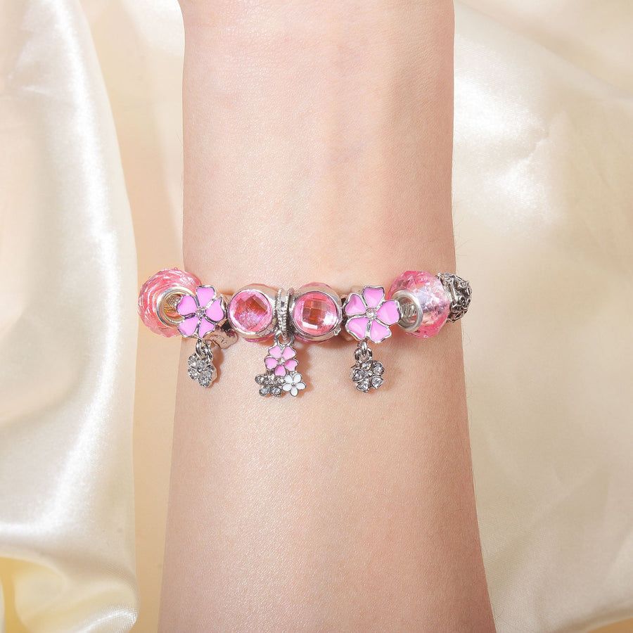 Romantic Floral Big Glass Bead Petal Pendant DIY Bracelet(pink-20cm)