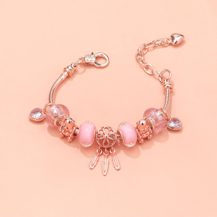 Rose Gold Charm Bracelet with Dreamcatcher & Bear Beads, Colorful Glass Beads Bracelet(19cm)