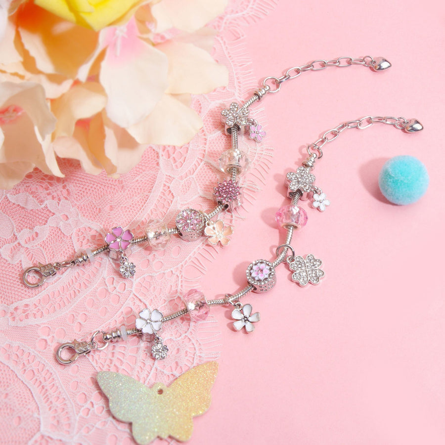 Chic Camellia Bead Charm DIY Bracelet with Crystal(pink flower-16cm)