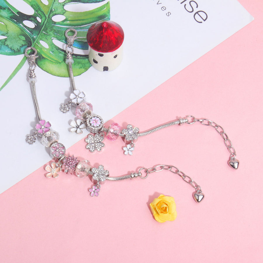 Chic Camellia Bead Charm DIY Bracelet with Crystal(pink flower-16cm)