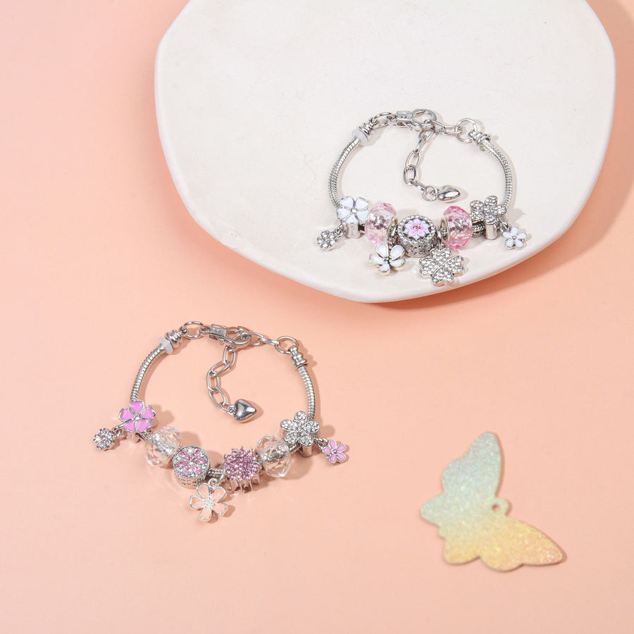 Chic Camellia Bead Charm DIY Bracelet with Crystal(pink flower-16cm)