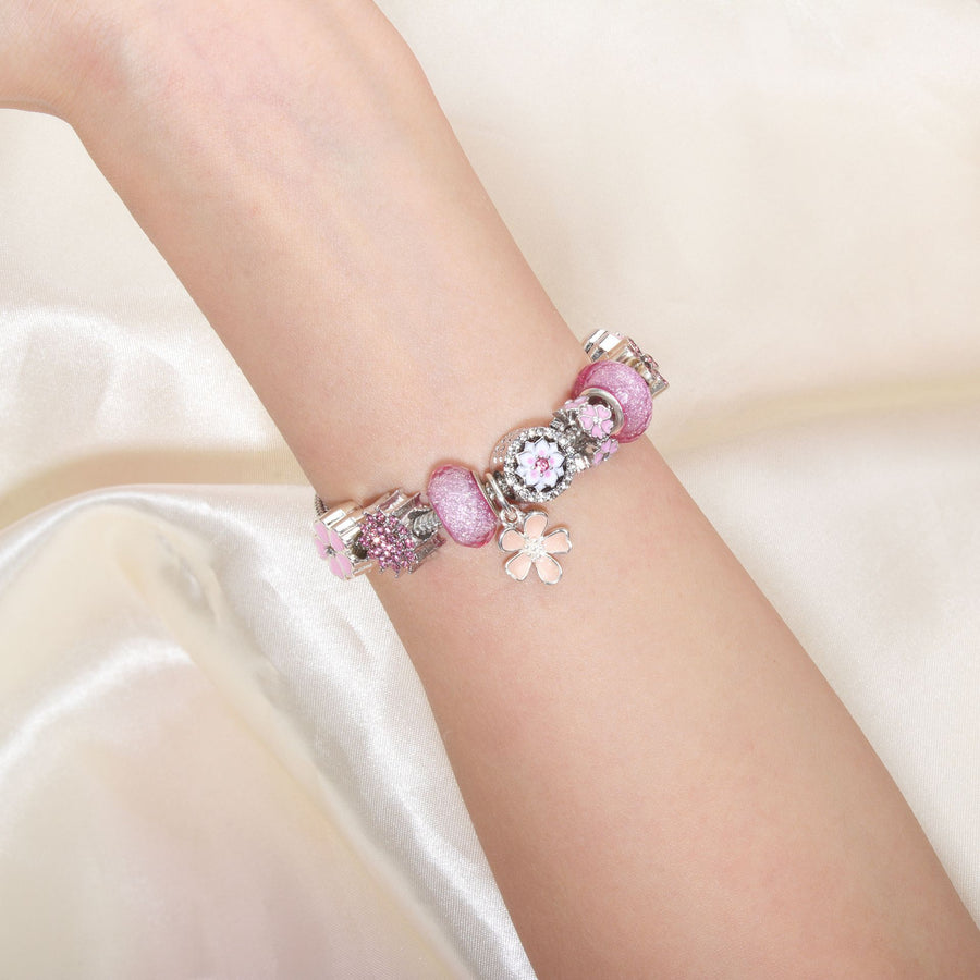Chic Camellia Bead Charm DIY Bracelet with Crystal(pink flower-17cm)