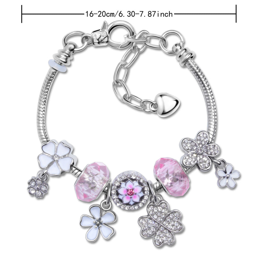 Chic Camellia Bead Charm DIY Bracelet with Crystal(pink flower-17cm)