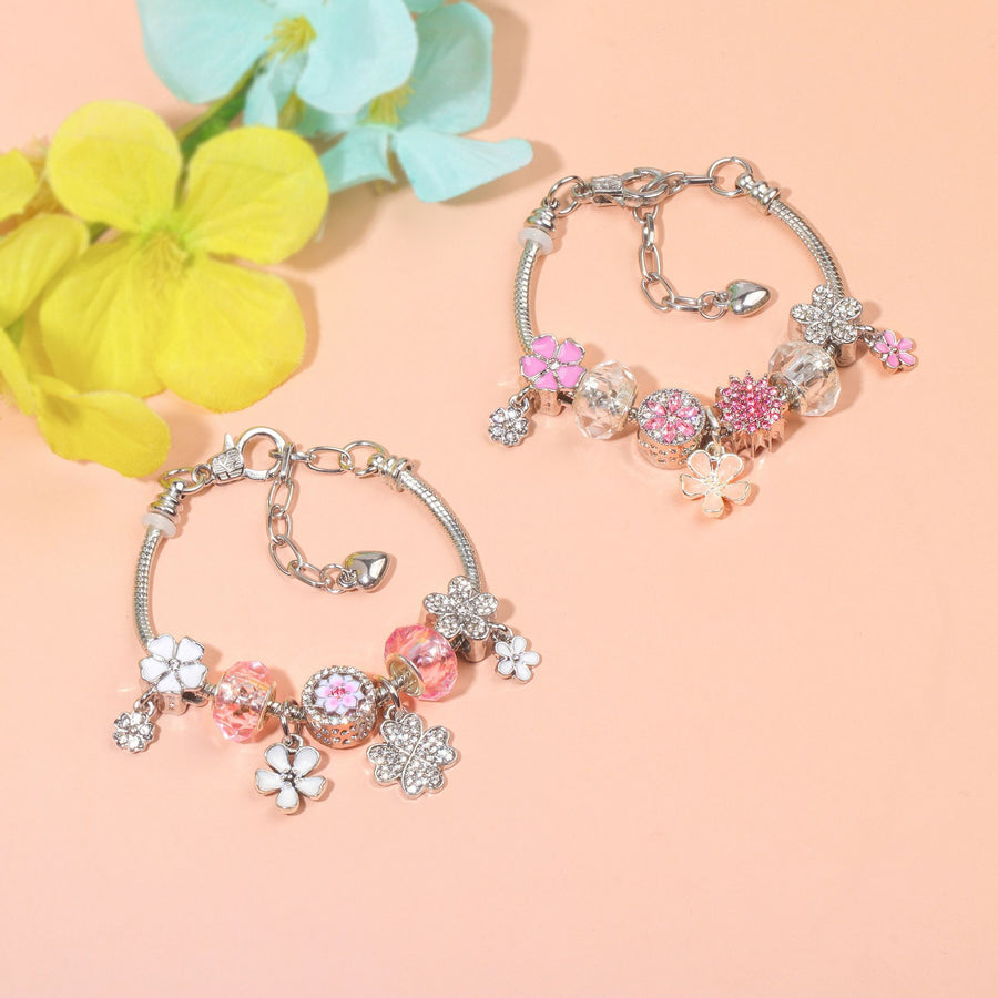 Chic Camellia Bead Charm DIY Bracelet with Crystal(pink flower-17cm)