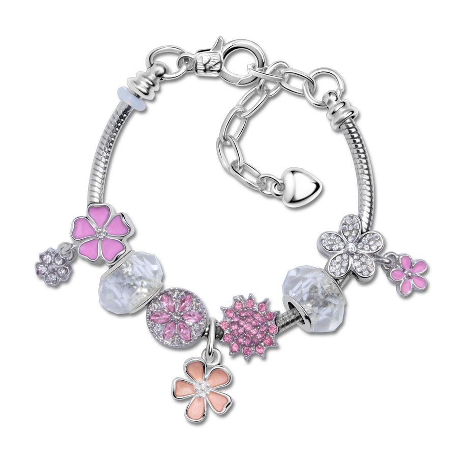 Chic Camellia Bead Charm DIY Bracelet with Crystal(pink flower-19cm)