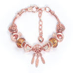Rose Gold Plated Charm Bracelet with Zircon, Hollow Heart, Flower, Crown & Glass Beads(20cm)