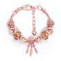 Rose Gold Plated Charm Bracelet with Zircon, Hollow Heart, Flower, Crown & Glass Beads(20cm)