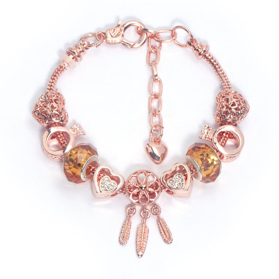 Rose Gold Plated Charm Bracelet with Zircon, Hollow Heart, Flower, Crown & Glass Beads(20cm)