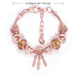 Rose Gold Plated Charm Bracelet with Zircon, Hollow Heart, Flower, Crown & Glass Beads(20cm)