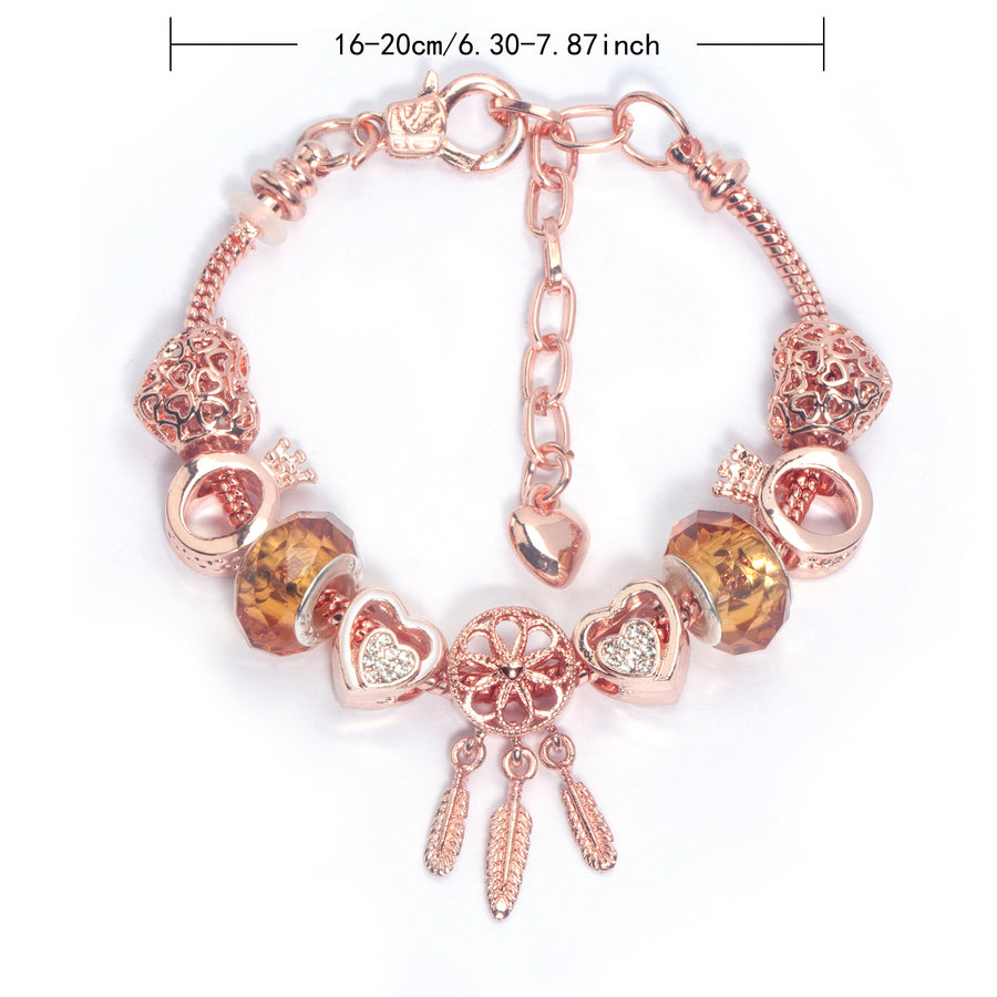 Rose Gold Plated Charm Bracelet with Zircon, Hollow Heart, Flower, Crown & Glass Beads(20cm)