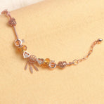 Rose Gold Plated Charm Bracelet with Zircon, Hollow Heart, Flower, Crown & Glass Beads(20cm)