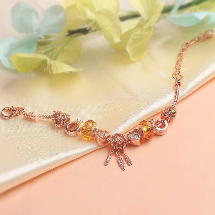 Rose Gold Plated Charm Bracelet with Zircon, Hollow Heart, Flower, Crown & Glass Beads(20cm)