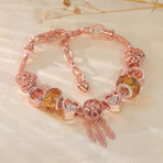 Rose Gold Plated Charm Bracelet with Zircon, Hollow Heart, Flower, Crown & Glass Beads(20cm)