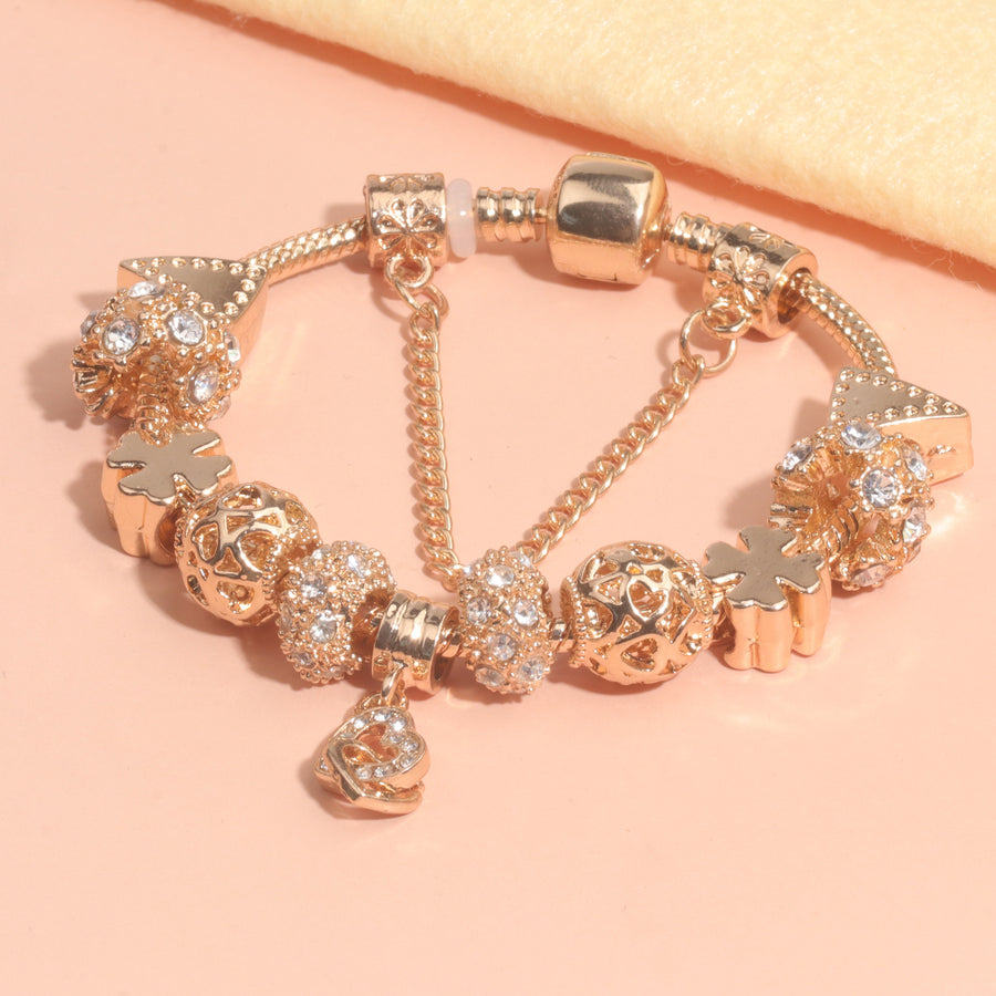 Rose Gold Crystal Charm Bracelet with Clover, Heart, Triangle Beads & Heart Pendant(20cm)