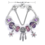 Purple Crystal Beaded Charm Bracelet with Star & Dreamcatcher Pendant, Rhinestone-Embedded DIY Alloy Bracelet(18cm)