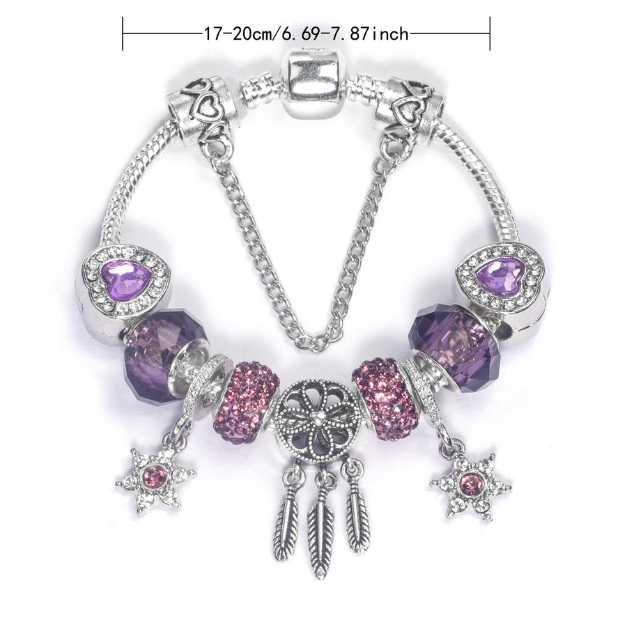 Purple Crystal Beaded Charm Bracelet with Star & Dreamcatcher Pendant, Rhinestone-Embedded DIY Alloy Bracelet(18cm)