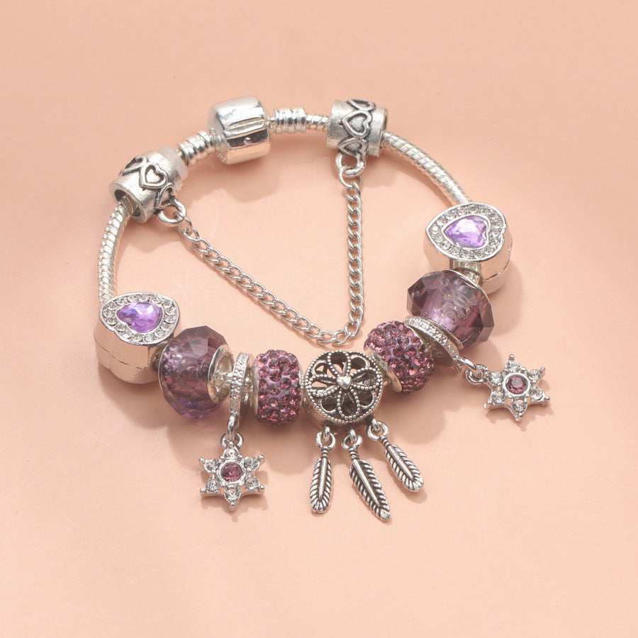 Purple Crystal Beaded Charm Bracelet with Star & Dreamcatcher Pendant, Rhinestone-Embedded DIY Alloy Bracelet(18cm)