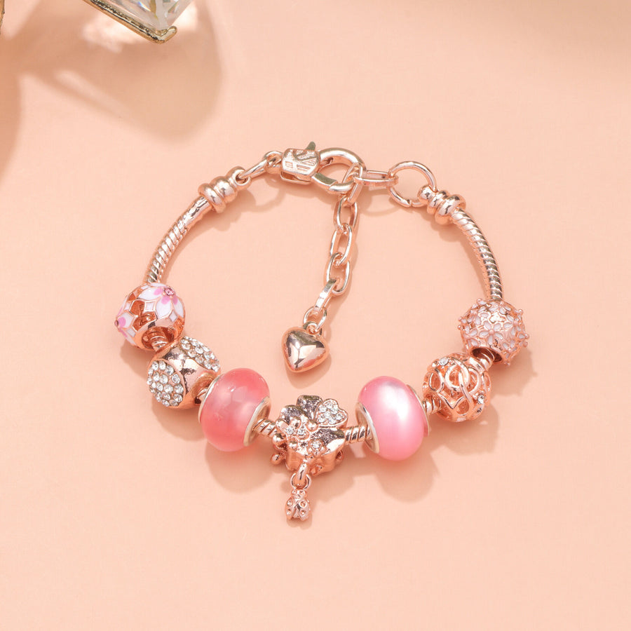 Rose Gold Beaded Bracelet with Floral & Zircon Accents(20cm)