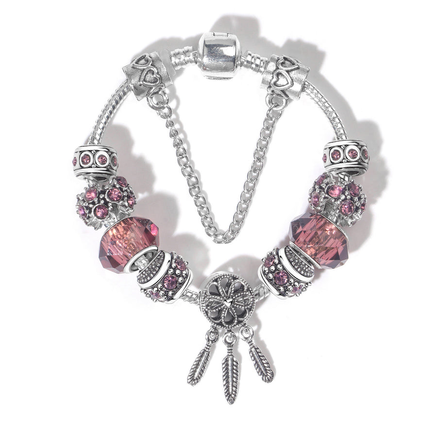 Rose Red Rhinestone Big Hole Beaded Bracelet, Alloy Electroplated(18cm)