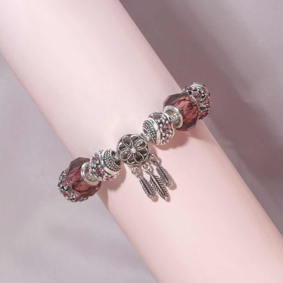 Rose Red Rhinestone Big Hole Beaded Bracelet, Alloy Electroplated(18cm)