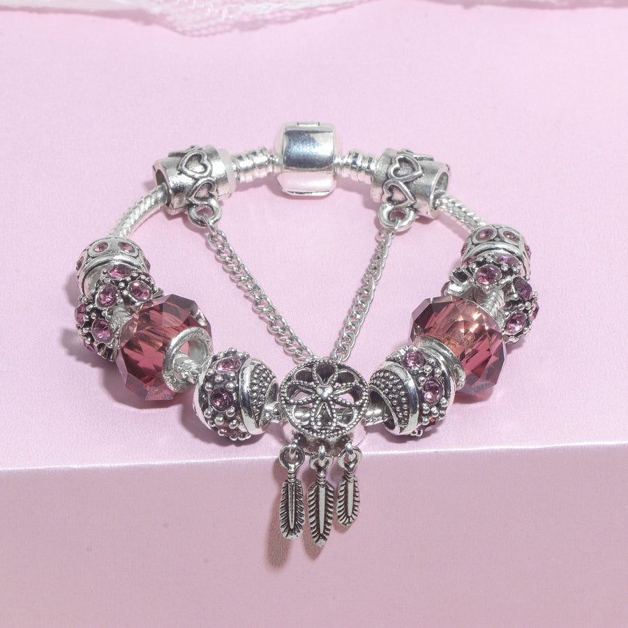 Rose Red Rhinestone Big Hole Beaded Bracelet, Alloy Electroplated(20cm)