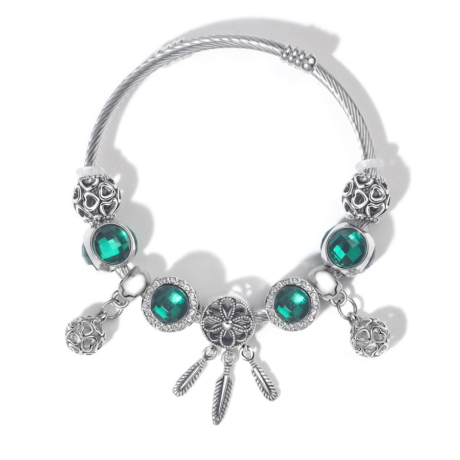 Luxury Light Green Emerald Crystal Hollow Heart Beaded DIY Bracelet(18cm)