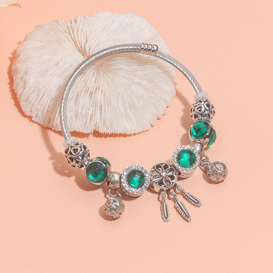 Luxury Light Green Emerald Crystal Hollow Heart Beaded DIY Bracelet(18cm)