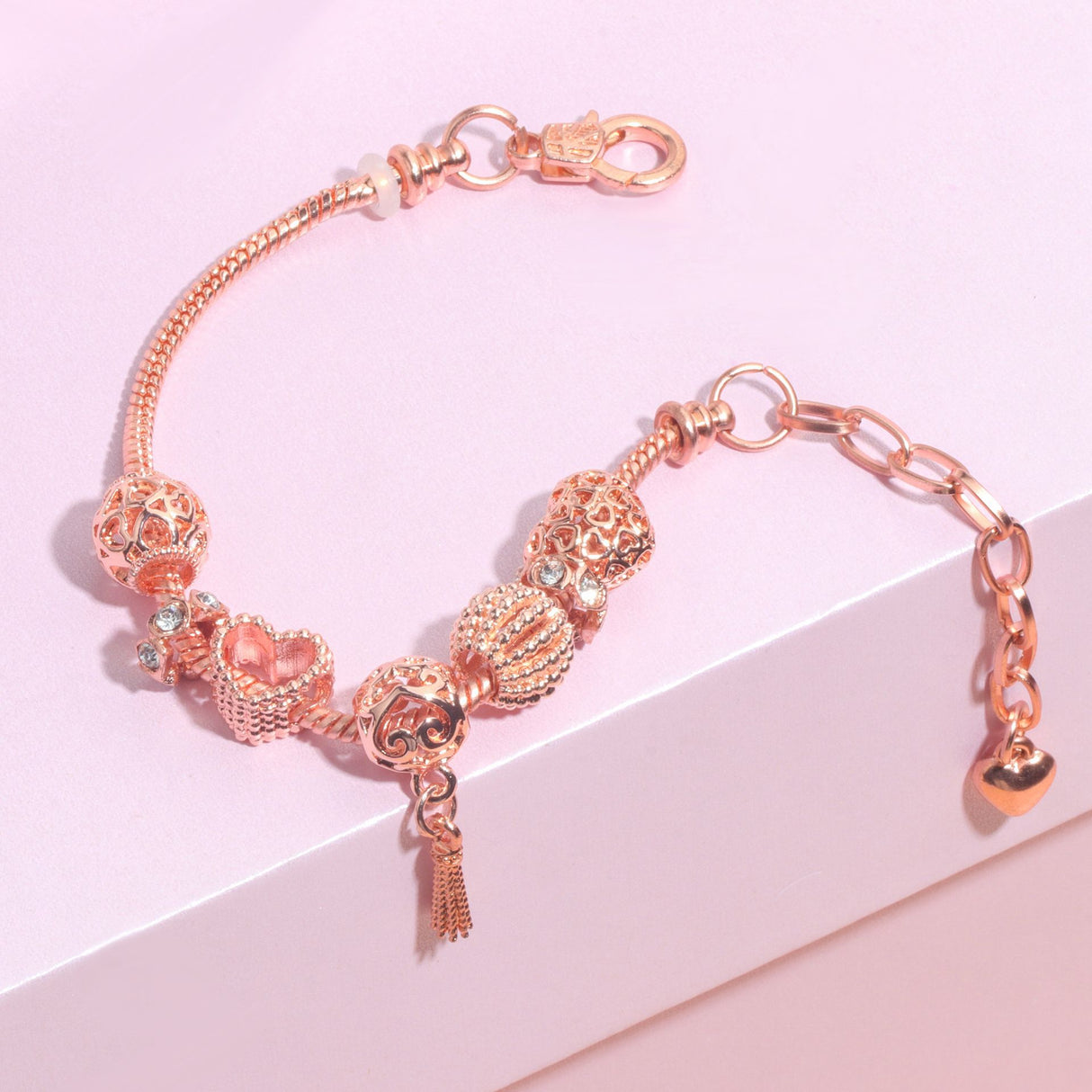 Rose Gold Hollow Carved Heart Bead Tassel Bracelet(18cm)