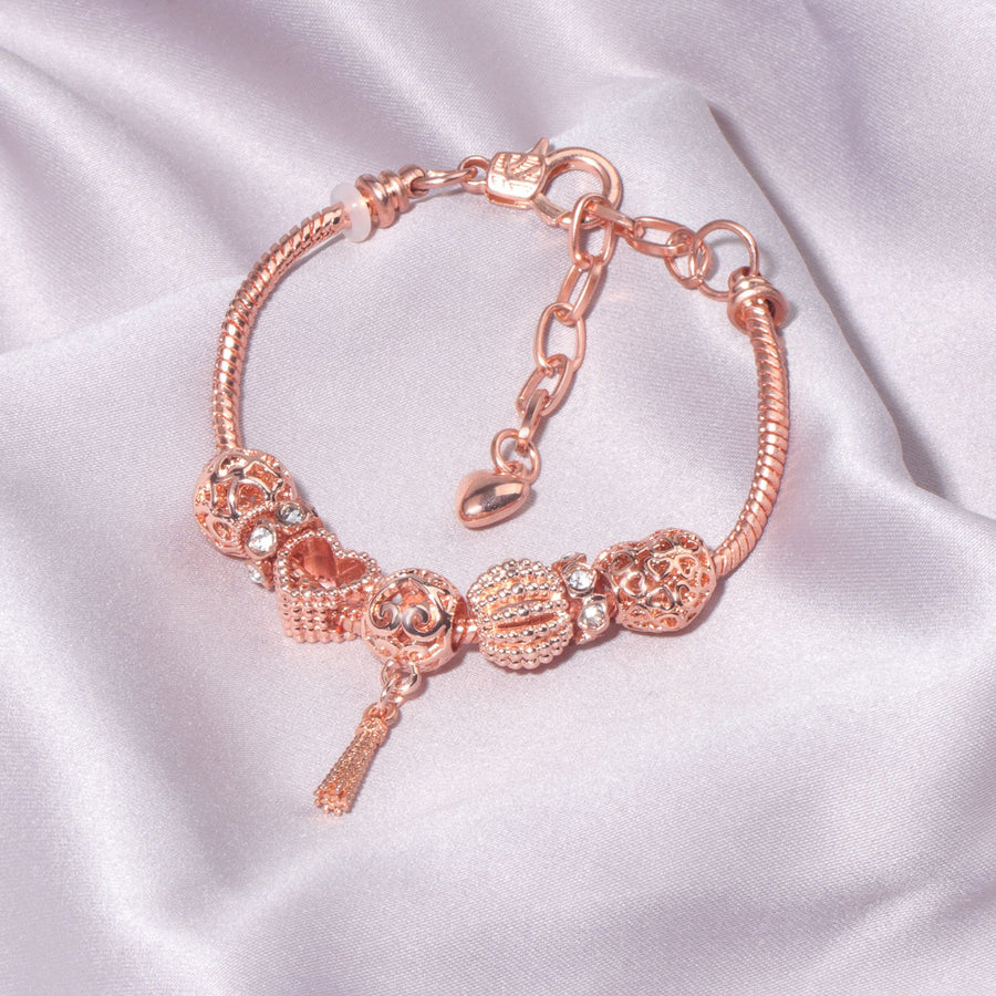 Rose Gold Hollow Carved Heart Bead Tassel Bracelet(18cm)