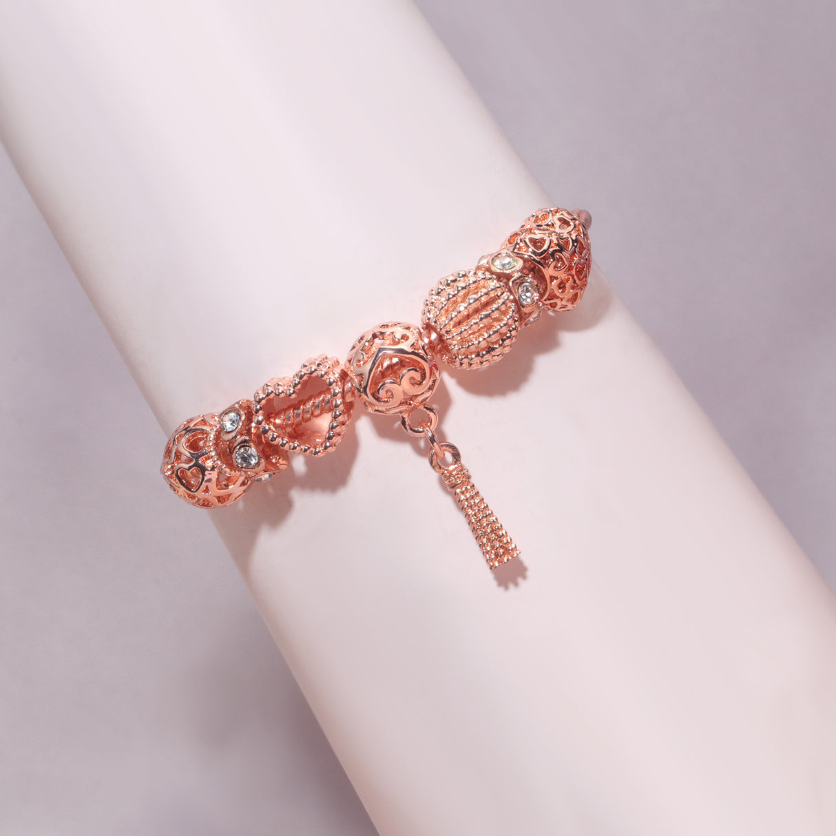 Rose Gold Hollow Carved Heart Bead Tassel Bracelet(19cm)