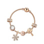 Rose Gold Charm Bracelet with Crystal Snowflake, Flower & Heart Pendants – Sparkling Zircon Beaded(18cm)