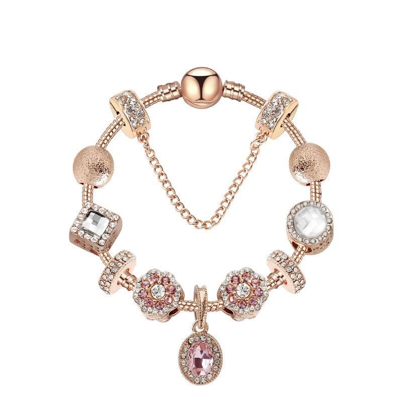 Vintage Gold Bracelet with Crystal, Zircon & Floral Beads, Oval Zircon Pendant(21cm)