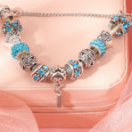Women’s Vintage Silver-Plated Charm Bracelet - Crystal-Embedded Hollow Carved Multi-Bead Fashion Jewelry(blue-20cm)