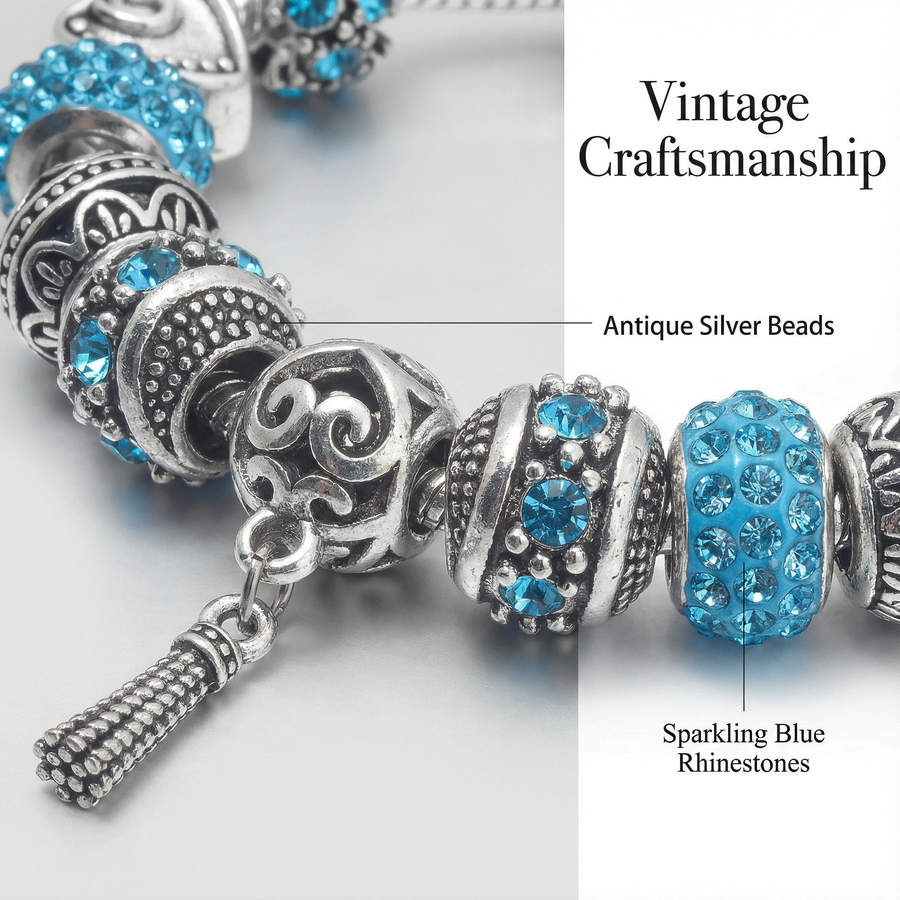 Women’s Vintage Silver-Plated Charm Bracelet - Crystal-Embedded Hollow Carved Multi-Bead Fashion Jewelry(blue-20cm)