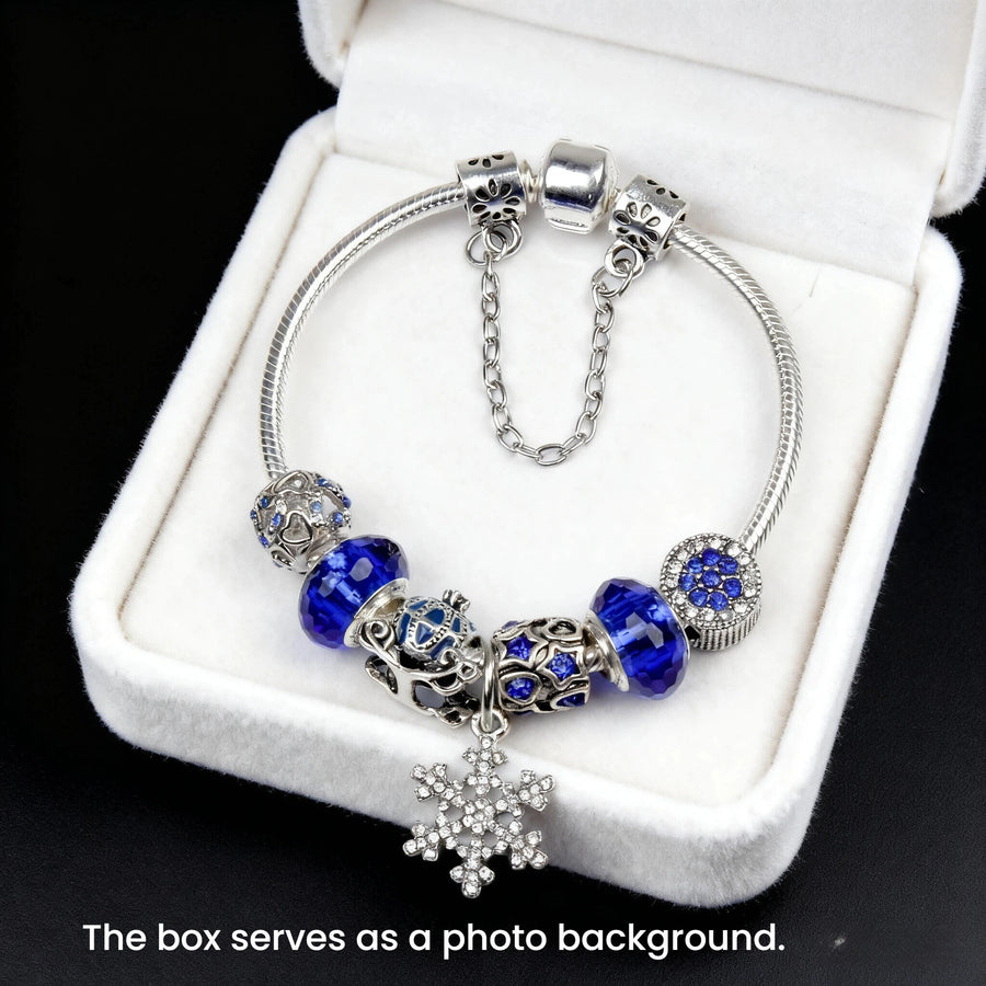 Snowflake Pendant Bracelet - Blue Cat’s Eye & Glass Beads, Zinc Alloy with Rhinestone Silver Carved Charms(18cm)