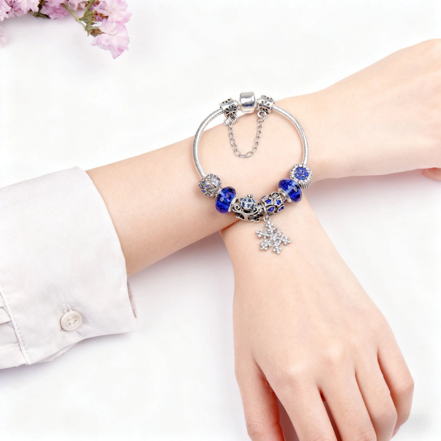 Snowflake Pendant Bracelet - Blue Cat’s Eye & Glass Beads, Zinc Alloy with Rhinestone Silver Carved Charms(20cm)