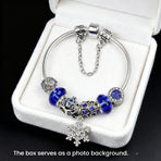 Snowflake Pendant Bracelet - Blue Cat’s Eye & Glass Beads, Zinc Alloy with Rhinestone Silver Carved Charms(20cm)