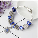 Blue Cat's Eye Glass Bead Bracelet - Zinc Alloy Rhinestone & Snowflake Pendant(17cm)