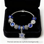 Blue Cat's Eye Glass Bead Bracelet - Zinc Alloy Rhinestone & Snowflake Pendant(17cm)