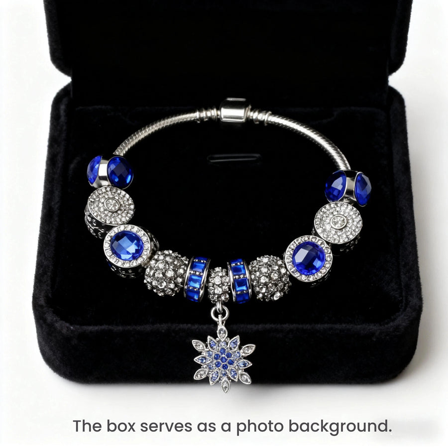 Blue Cat's Eye Glass Bead Bracelet - Zinc Alloy Rhinestone & Snowflake Pendant(17cm)
