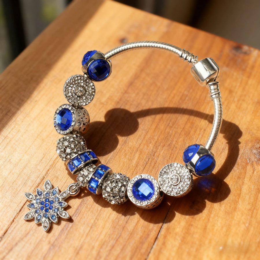 Blue Cat's Eye Glass Bead Bracelet - Zinc Alloy Rhinestone & Snowflake Pendant(17cm)