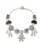 Pandora-Style Rhinestone Blue Cat’s Eye Heart Bracelet: Glass Beads, Dreamcatcher Feather Snowflake(17cm)