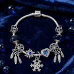 Pandora-Style Rhinestone Blue Cat’s Eye Heart Bracelet: Glass Beads, Dreamcatcher Feather Snowflake(17cm)