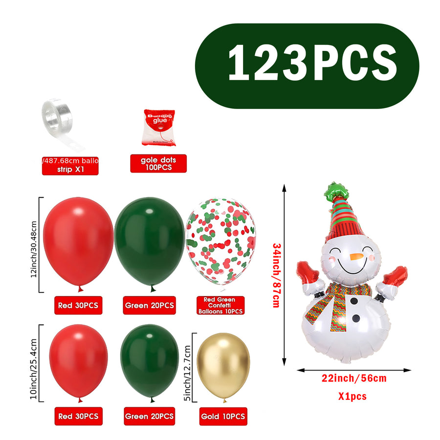 Christmas Balloon Arch Kit 123PCS - Red Green Gold Xmas Balloons with Snowman Foil